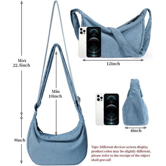 Women Corduroy Blue Imported Polyester Crossbody Lightweight Crescent Sling Bag - Picture 6 of 6